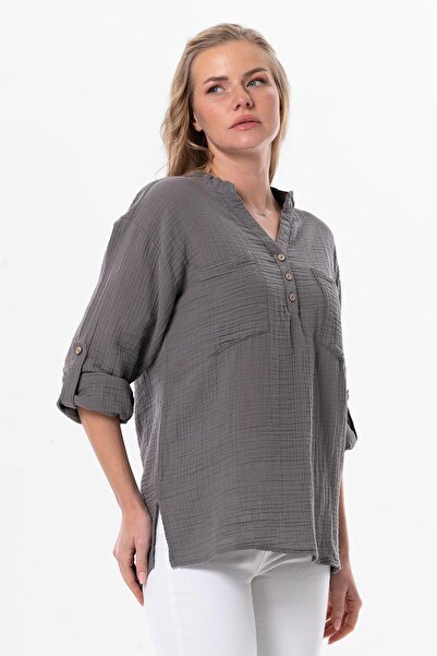 Eliş Şile Bezi Uzun Kol Asu Yazlık Müslin Bluz Gri Gri