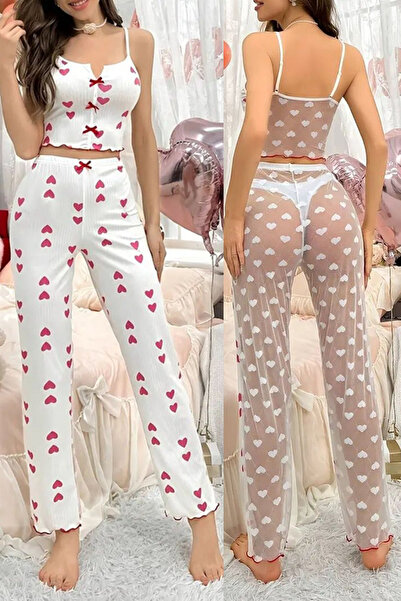 TRAJE DEN Μακρύ παντελόνι με χαμηλή πλάτη για γυναίκες, σετ πιτζάμες από διχτ...