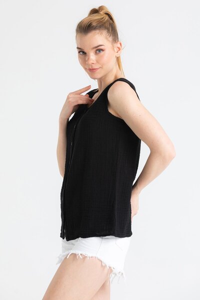 Eliş Şile Bezi Sleeveless Melis Summer Muslin Blouse Black Black