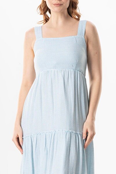 Eliş Şile Bezi Askılı Şile Bezi Kare Yaka Tılsım Uzun Yazlık Elbise Mavi Çizgili Mvbyz