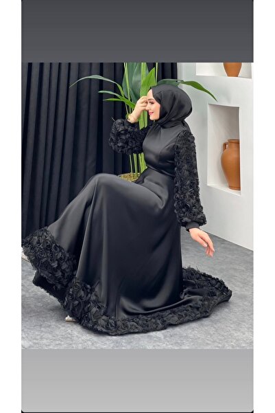 GÜZELLER Saten Kolları ve Eteği Gül Detaylı Söz İsteme Nişan Nikah Elbisesi A...