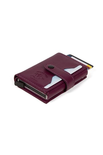 Newish Polo Purple Leather Rfid Shielding Aluminum Automatic Mechanism Card Holder and Wallet