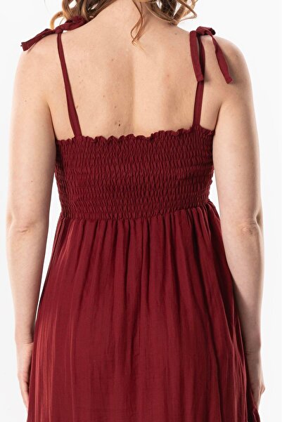 Eliş Şile Bezi Strappy Voile Dress - Gülçimen, Layered Asymmetrical Cut Summer Midi Length, Burgundy Brd