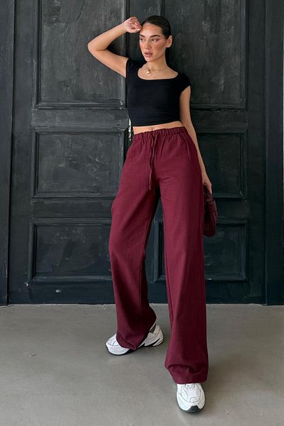Madmext Burgundy Waist Gathered Wide Leg Fabric Trousers Mg1950