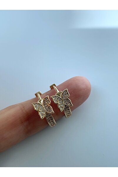 kurukafagift Kelebek Halka Zirkon Taşlı Küpe Gold Renk Orta Boy