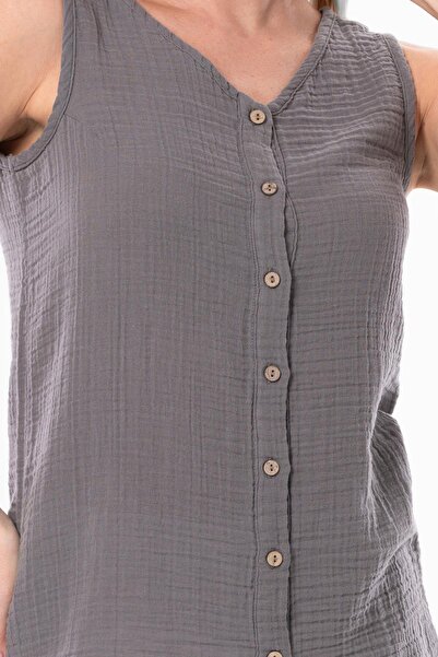 Eliş Şile Bezi Sleeveless Melis Summer Muslin Blouse Grey Gray