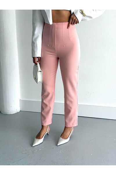 Appleline Women's High Waist Pipe Leg Ankle Length Fabric Trousers Powder