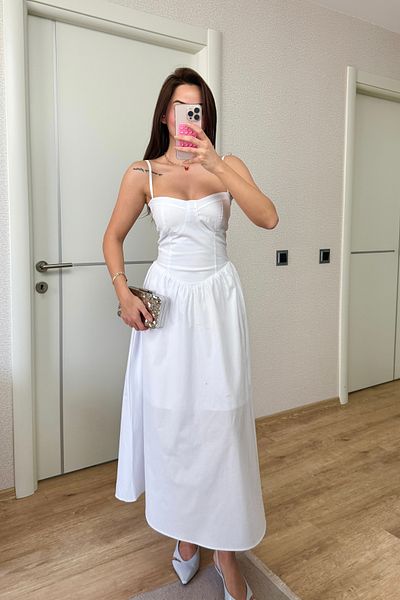 Deppot White Drape Detail Woven Strap Waist Tie Dress