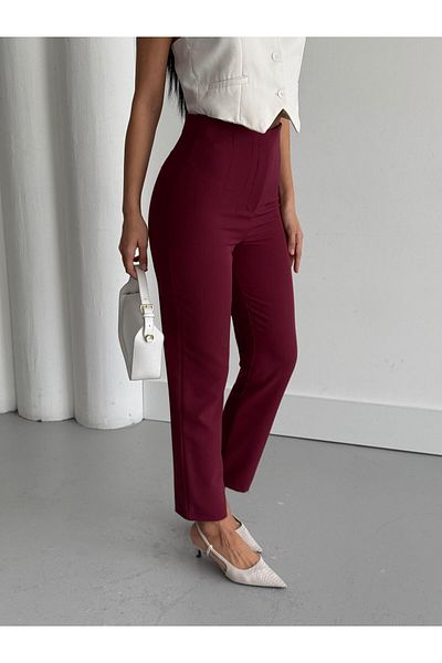 Appleline Women's High Waist Pipe Leg Ankle Length Fabric Trousers Claret Red