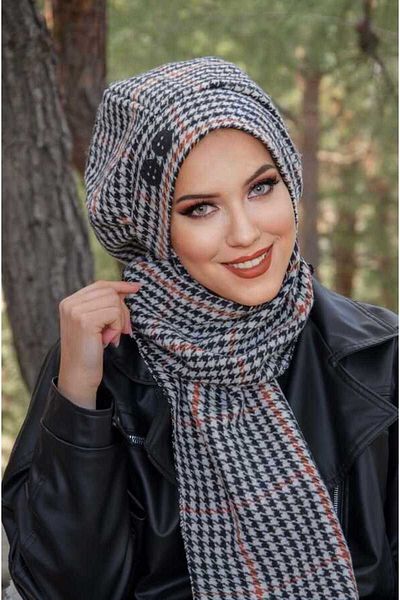 Aişe tesettür Black Brown Houndstooth Embroidered Hijab Beanie