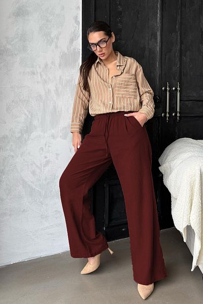 Madmext Burgundy Waist Gathered Wide Leg Fabric Trousers Mg1950