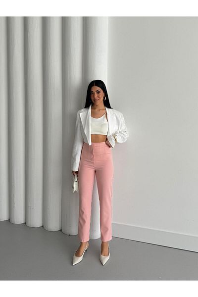 Appleline Women's High Waist Pipe Leg Ankle Length Fabric Trousers Powder