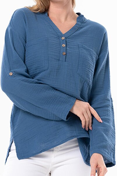 Eliş Şile Bezi Uzun Kol Asu Yazlık Müslin Bluz İndigo indg