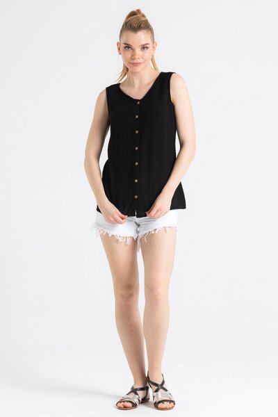 Eliş Şile Bezi Sleeveless Melis Summer Muslin Blouse Black Black