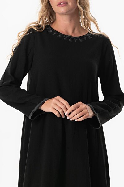 Eliş Şile Bezi Μακρυμάνικο ύφασμα Şile - Κέντημα με λάδι Oval - Μαύρο καλοκαιρινό φόρεμα