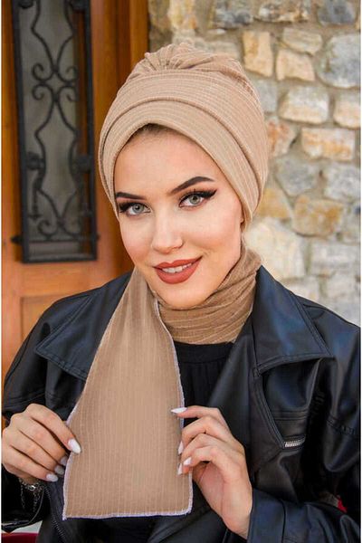 Aişe tesettür Beige White Checkered Winter Scarf Bonnet