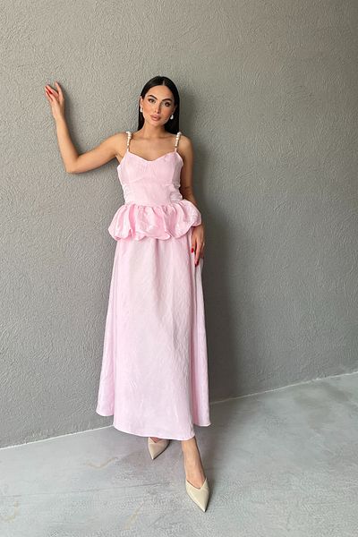 Seda Yalçın Atelier Pink Stylish Dress with Pearl Strap Waist Shirring Detail