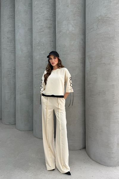 Bliss Women's Cream Bottom Top Tracksuit Set with Lace Detail, Loose Leg Relaxed Cut