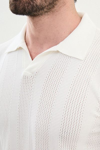 Mcr Striped Ecru Slim Fit Apache Collar Men's Knitwear T-Shirt