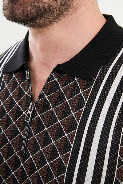 Mcr Patterned Slim Fit Zippered Polo Neck Men's Knitwear T-Shirt Black - 11537.25Y