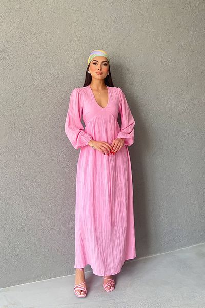 Seda Yalçın Atelier Pink Seersucker V-Neck Long Dress