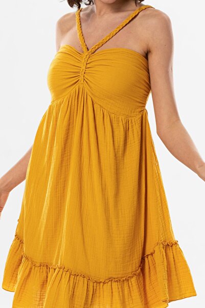 Eliş Şile Bezi Alanya Halter Neck Short Summer Muslin Dress Mustard Hrd