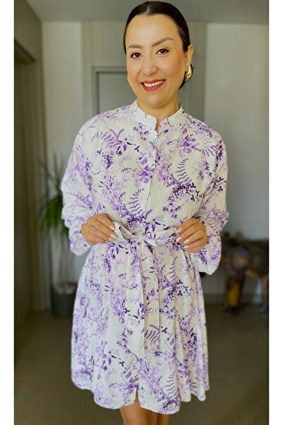 Butik Tiril Tiril Yumuşak Dokulu Çiçek Desenli Beli Kuşaklı Gömlek Elbise