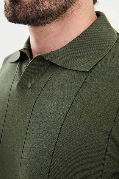 Mcr Striped Slim Fit Lapel Collar Men's Knitwear T-Shirt Khaki - 11527.25Y