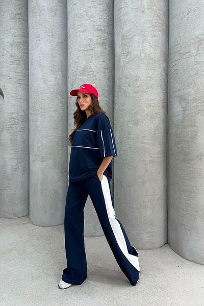 Bliss Women's Striped Short Sleeve Comfortable Fit Bottom Top Navy Blue Tracksuit Set L Size