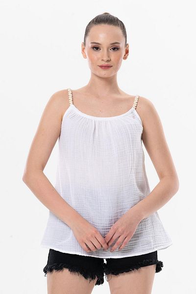Eliş Şile Bezi Strappy Alaçatı Καλοκαιρινή μουσελίνα Μπλούζα Λευκή Byz