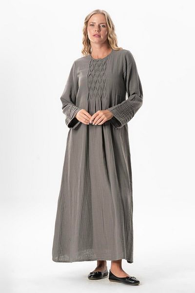 Eliş Şile Bezi Gray Long Dress - Summer Dress with Ribbed Details