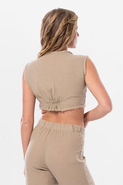 Eliş Şile Bezi Sleeveless Deren Waist Tied Summer Muslin Blouse Mink Vzn