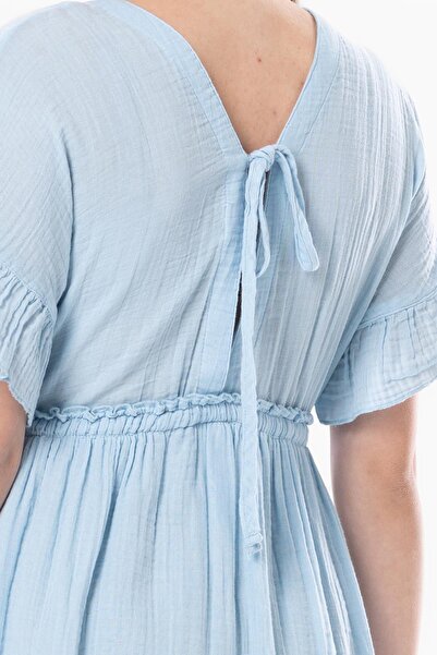 Eliş Şile Bezi Κοντό μανίκι Shirred Afra Midi Καλοκαιρινό φόρεμα μουσελίνας Ice Blue Bmv
