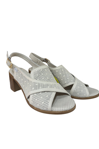Mammamia Hakiki Deri Topuklu Kadın KREM Sandalet 6,5 cm