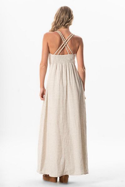 Eliş Şile Bezi Κρεμαστό V Neck Beach Belted Kten Καλοκαιρινό Μακρύ Φόρεμα Κρέμα