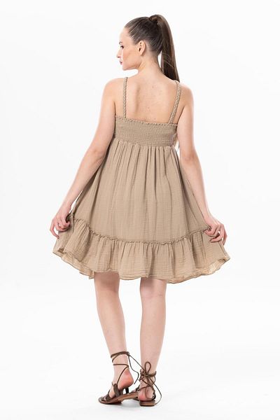 Eliş Şile Bezi Alanya Halter Neck Short Summer Muslin Dress Mink Vzn