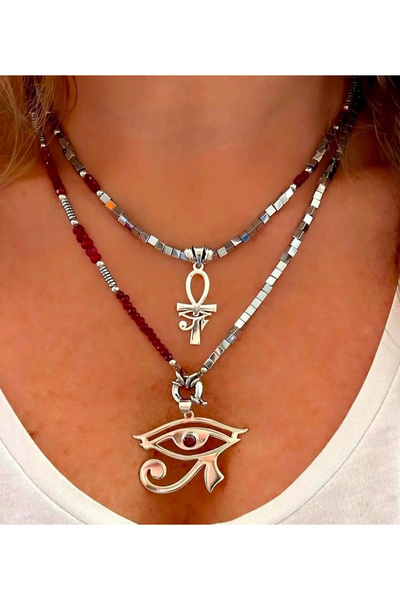 splashtakı 925 Ayar Gümüş Ankh Ve Ra Gözü Lal Hematit Taşlı Kombin Kolye