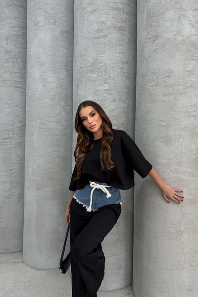 Bliss Women's Denim Detailed Bottom Top Black Tracksuit Set Oversize Loose Leg Size m
