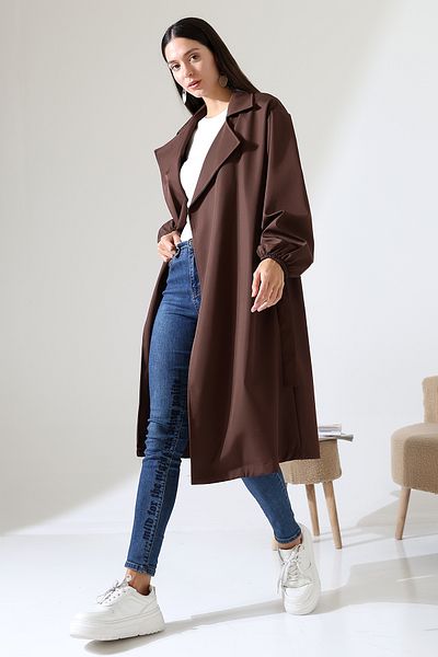 ensade Balloon Sleeve and Belted Bondik Fabric Trench Coat