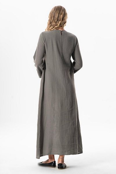 Eliş Şile Bezi Gray Long Dress - Summer Dress with Ribbed Details
