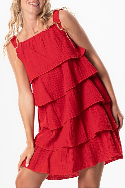 Eliş Şile Bezi Strappy Square Neck Elfida Layered Muslin Summer Short Dress Red Krmz
