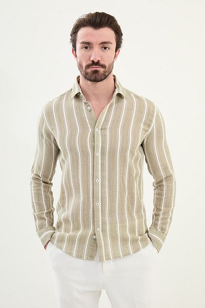 Mcr Striped Slim Fit Long Sleeve 100% Cotton Men's Shirt Khaki - 27064.25Y
