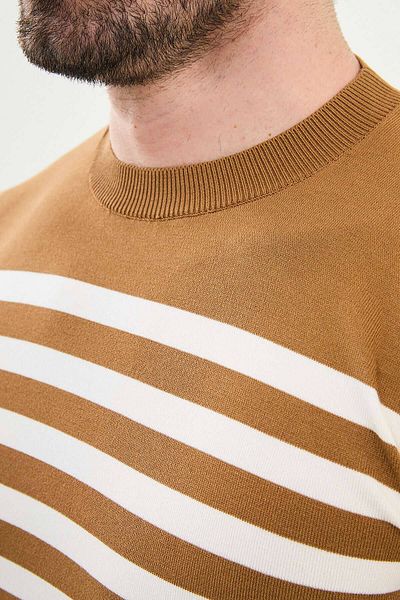 Mcr Striped Slim Fit Crew Neck Men's Knitwear T-Shirt Camel - 11525.25Y
