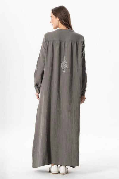 Eliş Şile Bezi Long Sleeve Lacin Printed Muslin Seasonal Ferace Gray Gray