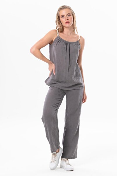 Eliş Şile Bezi Strappy Alaçatı Summer Muslin Μπλούζα Γκρι Γκρι