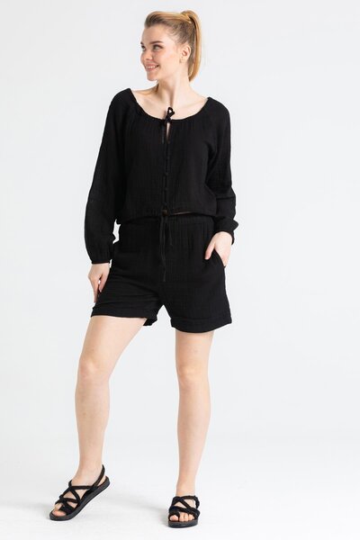 Eliş Şile Bezi Pearl Tied Summer Shorts Black