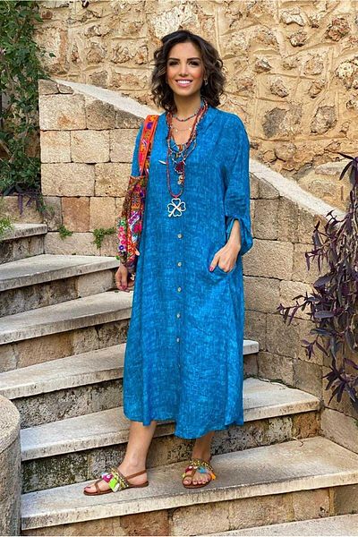 Nevin Kaya Moda Rochie cămașă turcoaz, 100% bumbac, viscoză