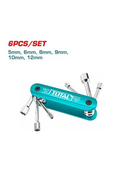 TOTAL 6-in-1 Folding Nut Driver Set, Premium Aluminum Handle, 6PT Cr-V Steel, Compact & Durable Tool