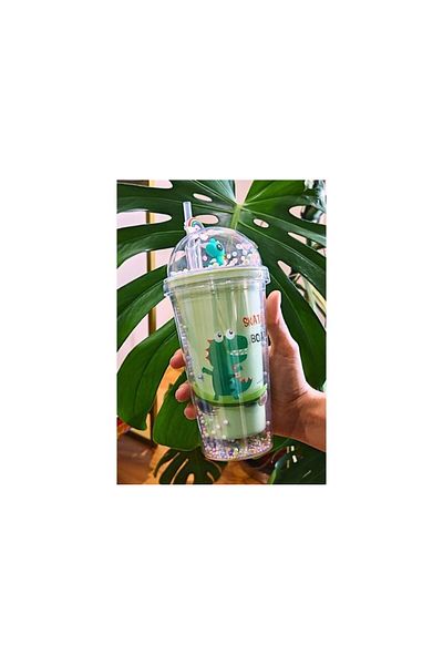 Lexi Bella Cute Dino Themed Water Bottle with Character Figure and Straw Double Layer 450ml Water Bottle with Straw Green 2769