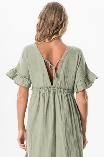 Eliş Şile Bezi Short Sleeve Gathered Afra Midi Summer Dress Olive Green